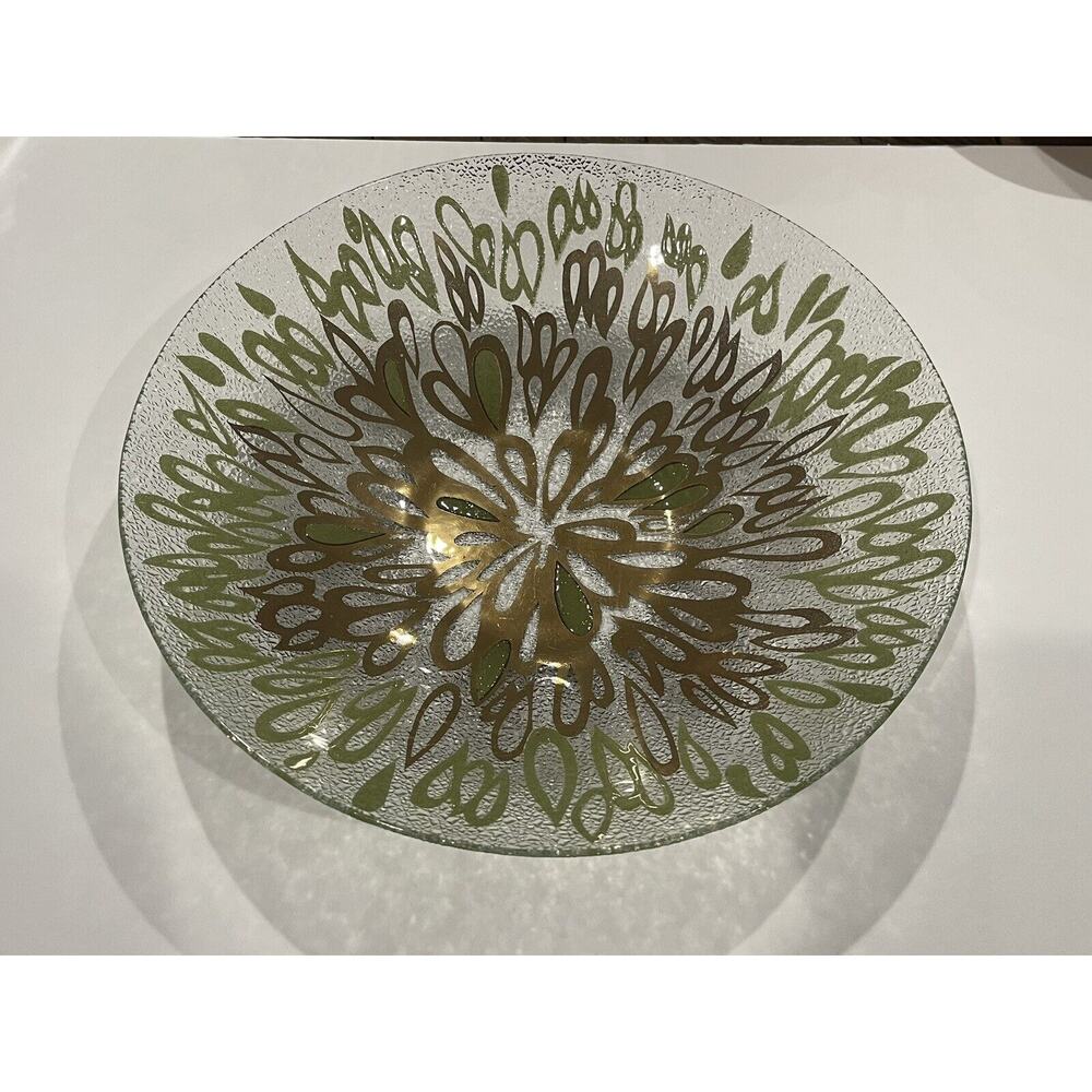 RARE Vintage Dorothy Thorpe MCM Raindrops Round Bowl Gold & Green Crystal 14"